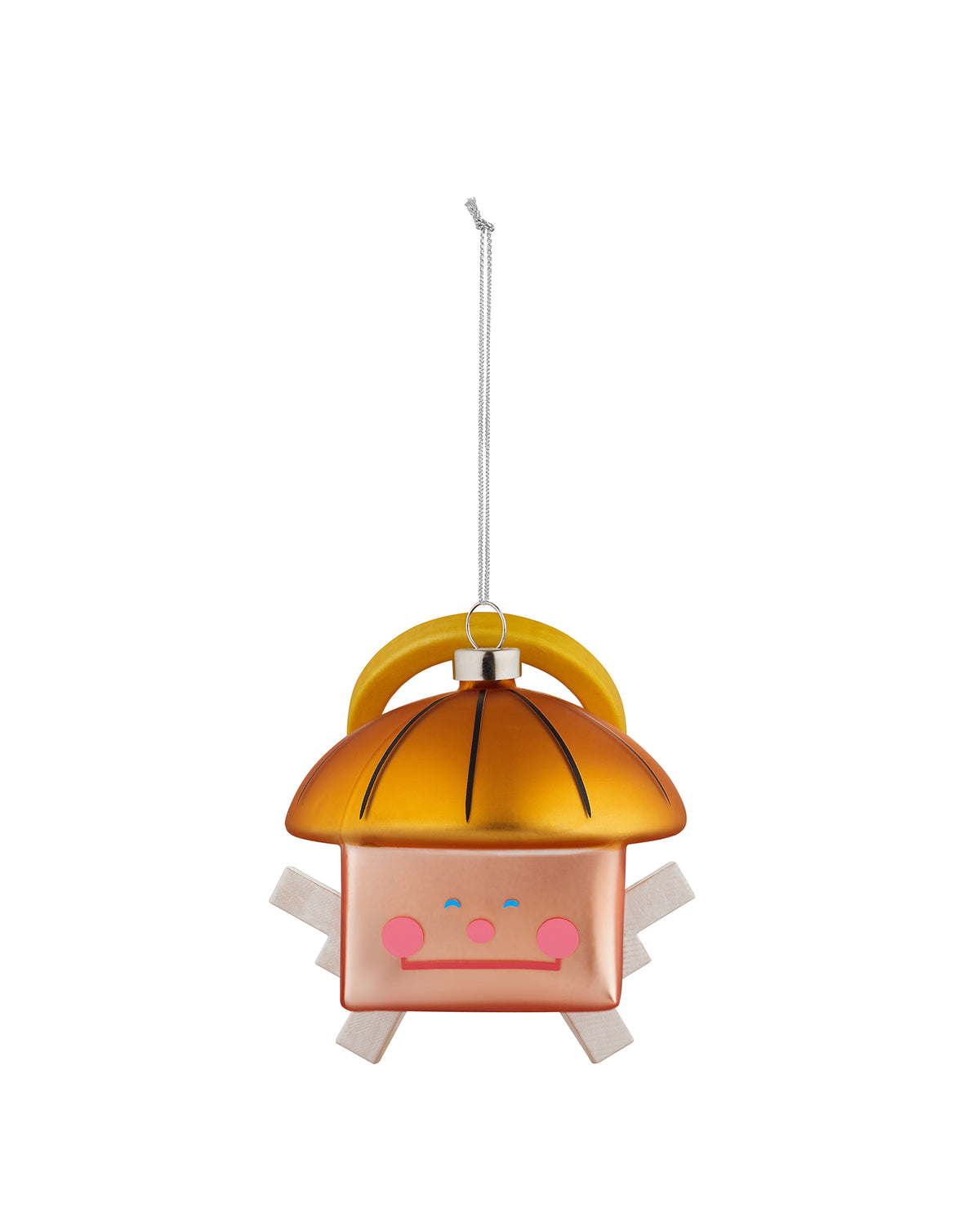 Gold and rose-colored Quadrangelo Christmas tree ornament by Alessi, with blue eyes, pink cheeks, and white limbs, hanging on a silver chain.