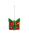 Red and green gift box Christmas tree ornament by Alessi, featuring yellow stars, a planet, and a silver hanging chain.
