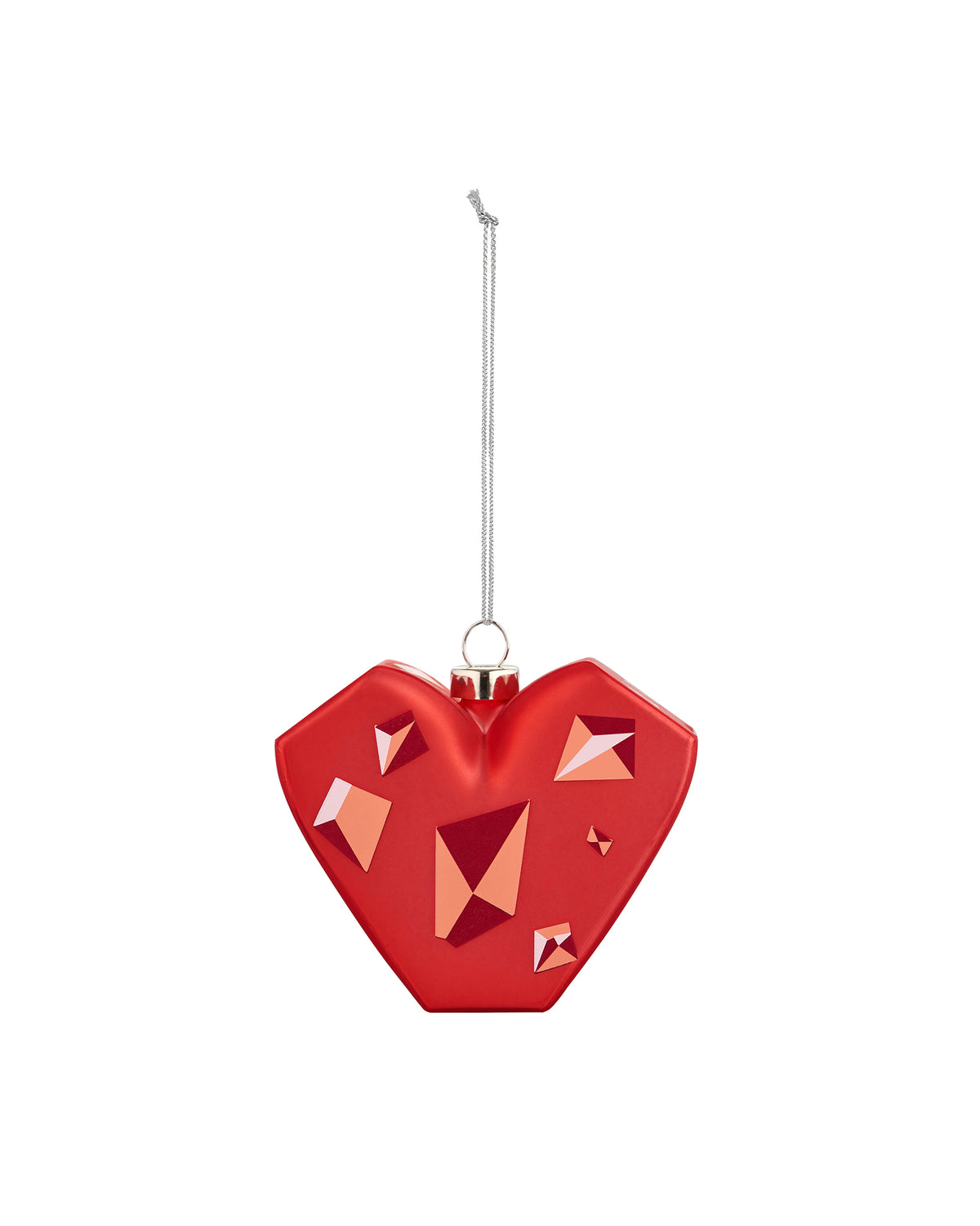 Red heart-shaped Christmas tree ornament by Alessi with geometric faceted design and silver chain.