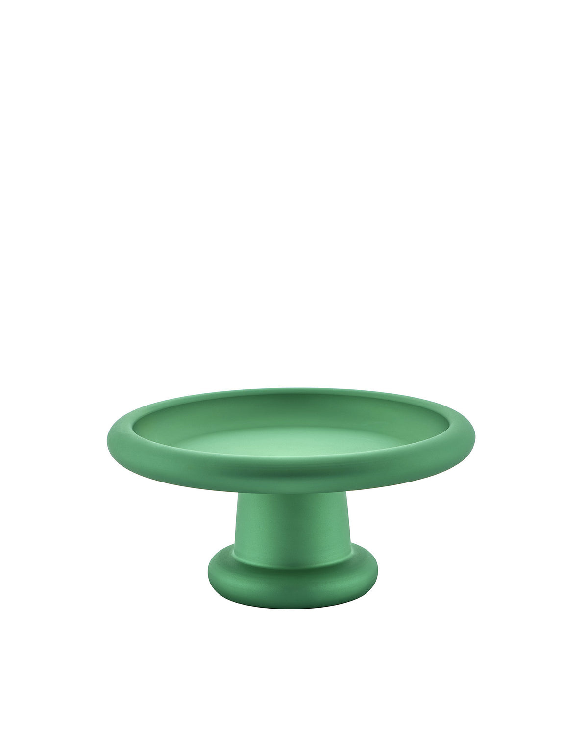 Matte green pedestal bowl by Alessi with a wide, rounded rim and smooth design.