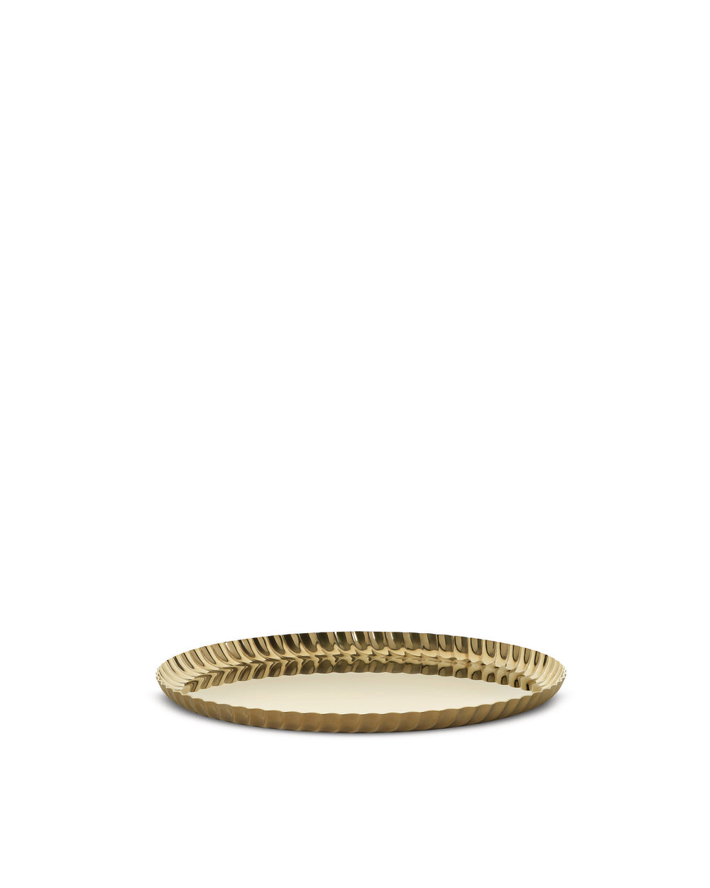Gold metallic pleated tray by Alessi with a ridged rim and reflective surface.