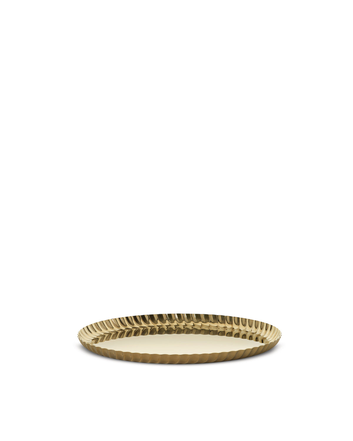 Gold metallic pleated tray by Alessi with a ridged rim and reflective surface.