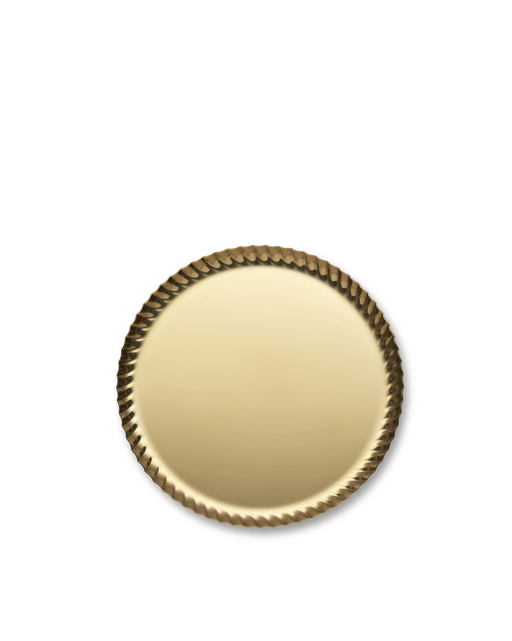 Round gold tray by Alessi with a distinctive pleated edge.