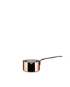 Polished copper saucepan by Alessi with a dark interior and long, slender dark handle on white.