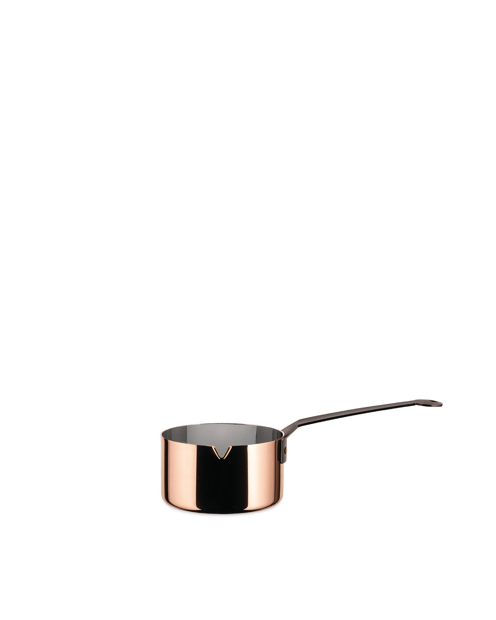 Polished copper saucepan by Alessi with a dark interior and long, slender dark handle on white.