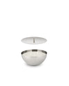Silver stainless steel candle bowl with three wicks by Alessi, featuring a floating matching lid.