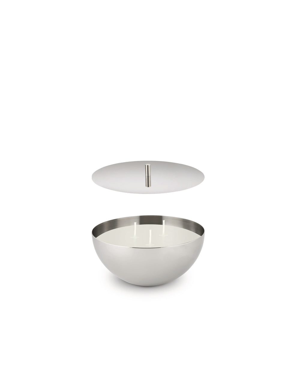Silver stainless steel candle bowl with three wicks by Alessi, featuring a floating matching lid.