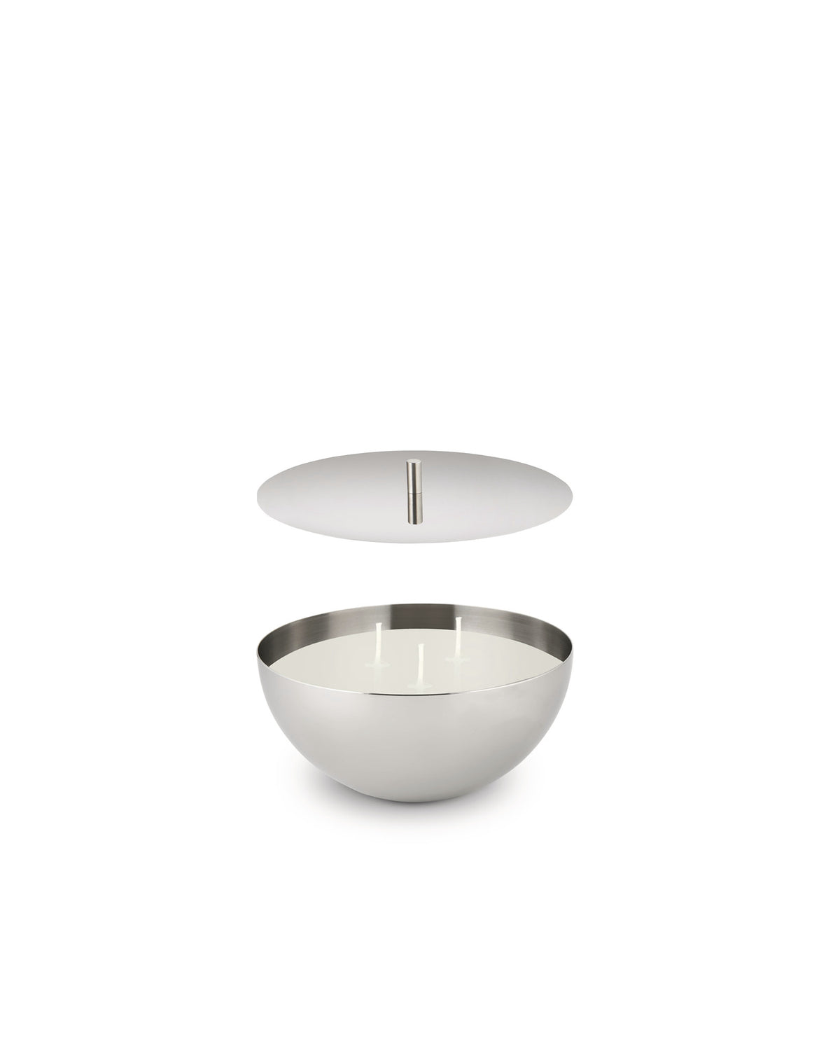 Silver stainless steel candle bowl with three wicks by Alessi, featuring a floating matching lid.
