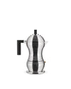 Silver ribbed espresso coffee maker by Alessi with a distinctive hourglass shape, black handle, and top knob.