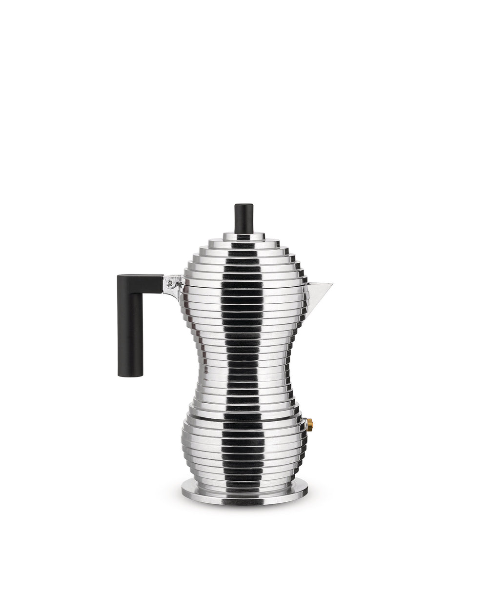Silver ribbed espresso coffee maker by Alessi with a distinctive hourglass shape, black handle, and top knob.