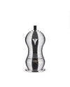 Pulcina espresso coffee maker in polished stainless steel by Alessi, featuring a tiered, hourglass shape, a black top knob, a subtle triangular design element, and a gold-toned safety valve, on a white background.