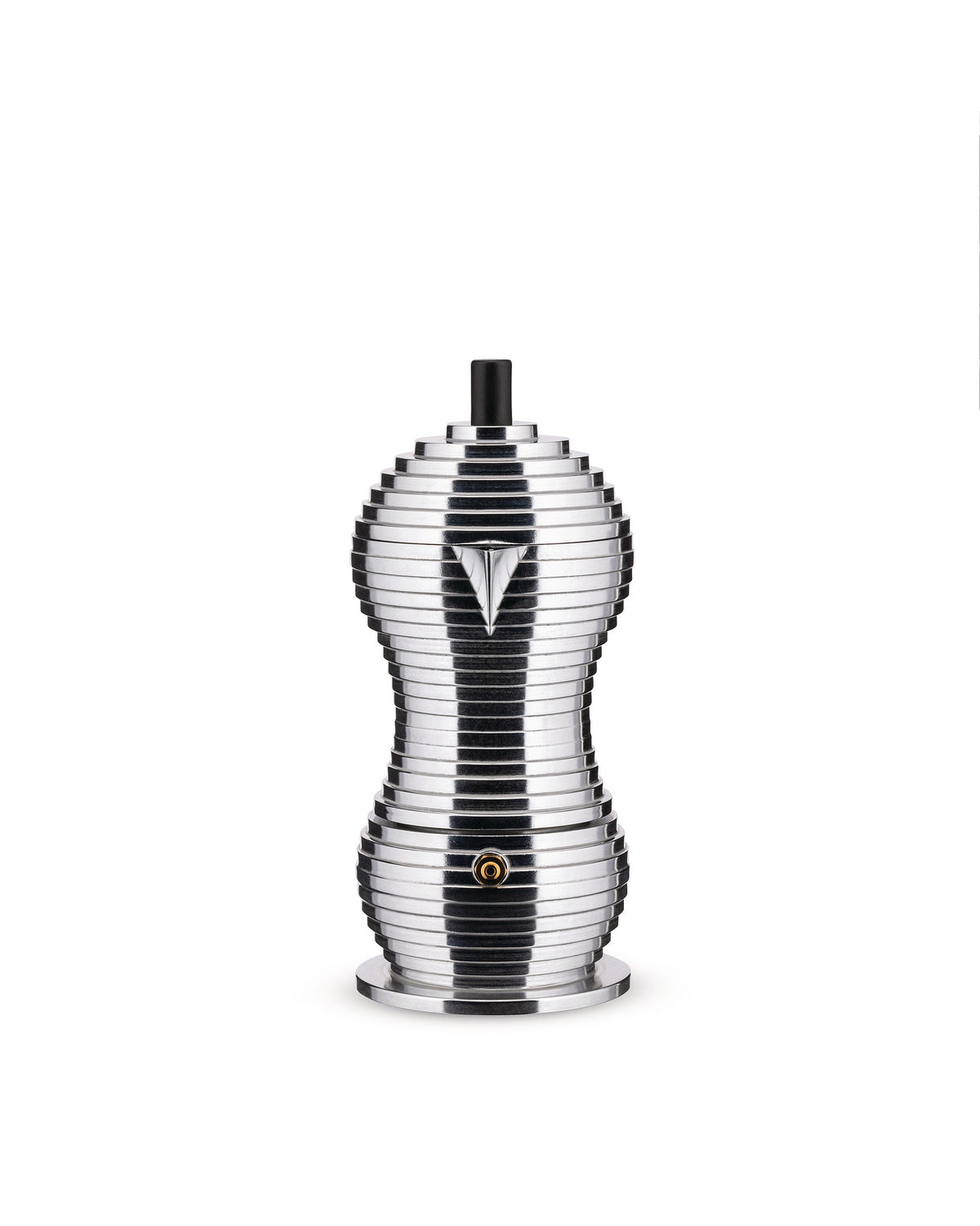 Pulcina espresso coffee maker in polished stainless steel by Alessi, featuring a tiered, hourglass shape, a black top knob, a subtle triangular design element, and a gold-toned safety valve, on a white background.