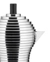 Silver stepped espresso coffee maker by Alessi with a black top knob, shown cropped.