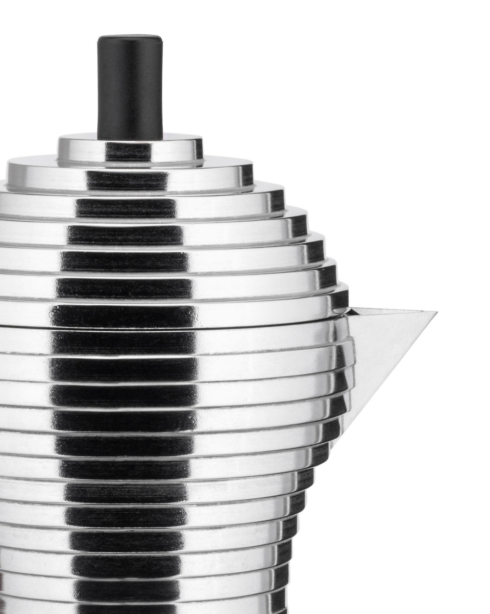 Silver stepped espresso coffee maker by Alessi with a black top knob, shown cropped.