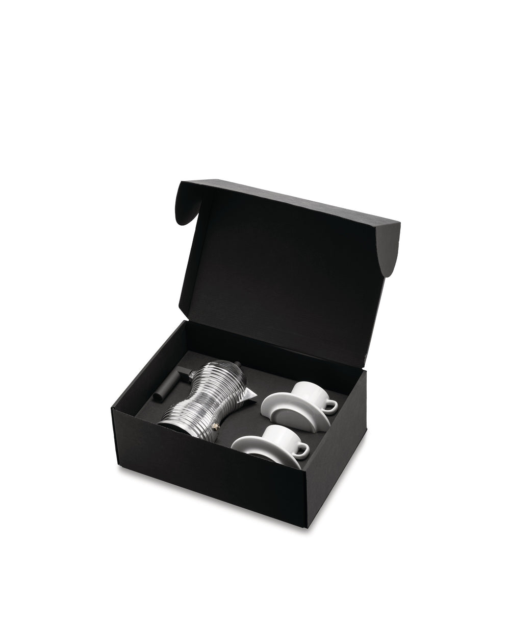 Open black coffee gift set by Alessi with a silver ribbed moka pot and two white cups with curved saucers.