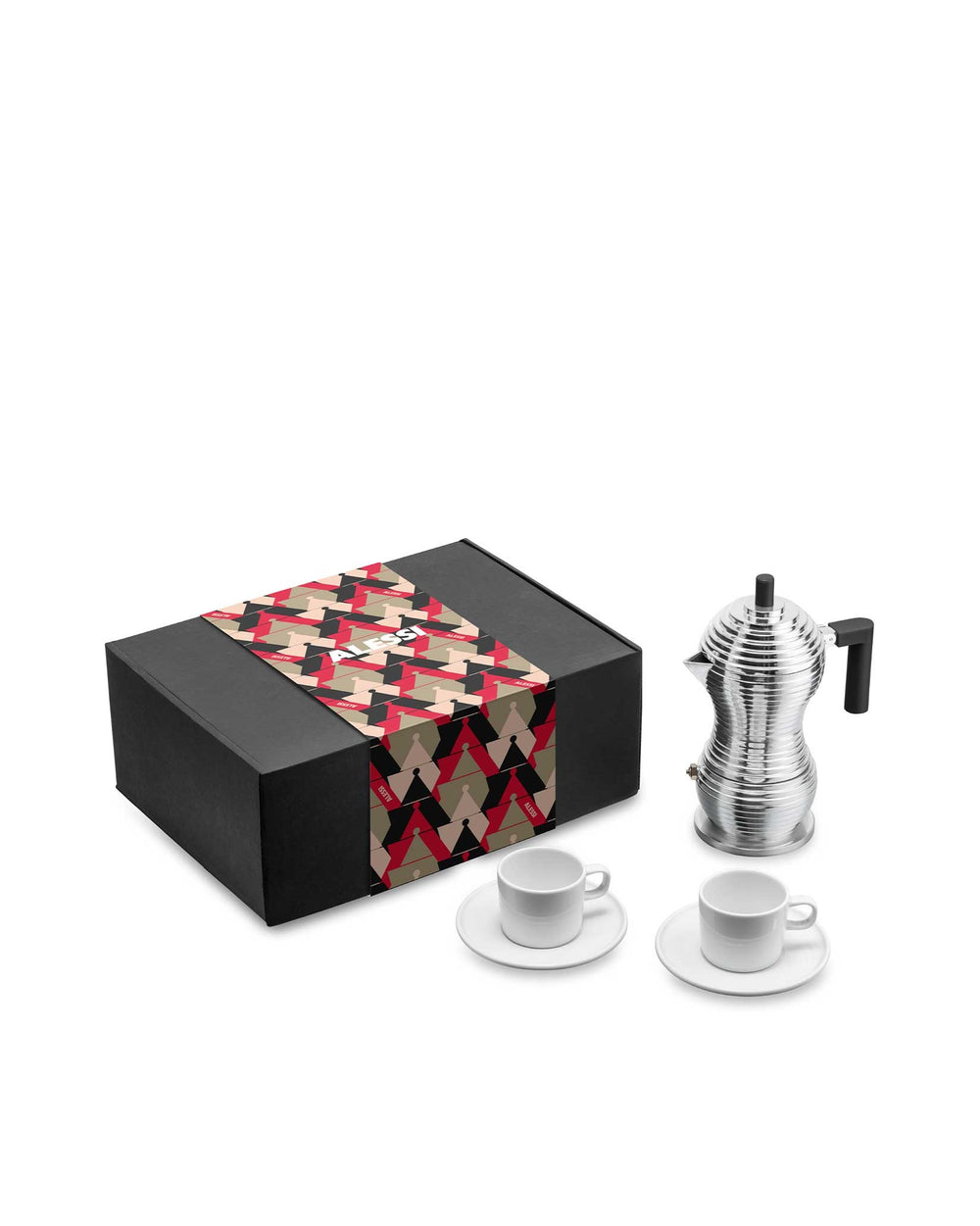 Coffee gift set by Alessi, featuring a black box with a colorful geometric band, a silver ribbed coffee maker, and two white ceramic cups and saucers.