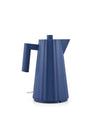 Blue Plissé electric kettle by Alessi, featuring a modern, vertically pleated design, shown from the front.