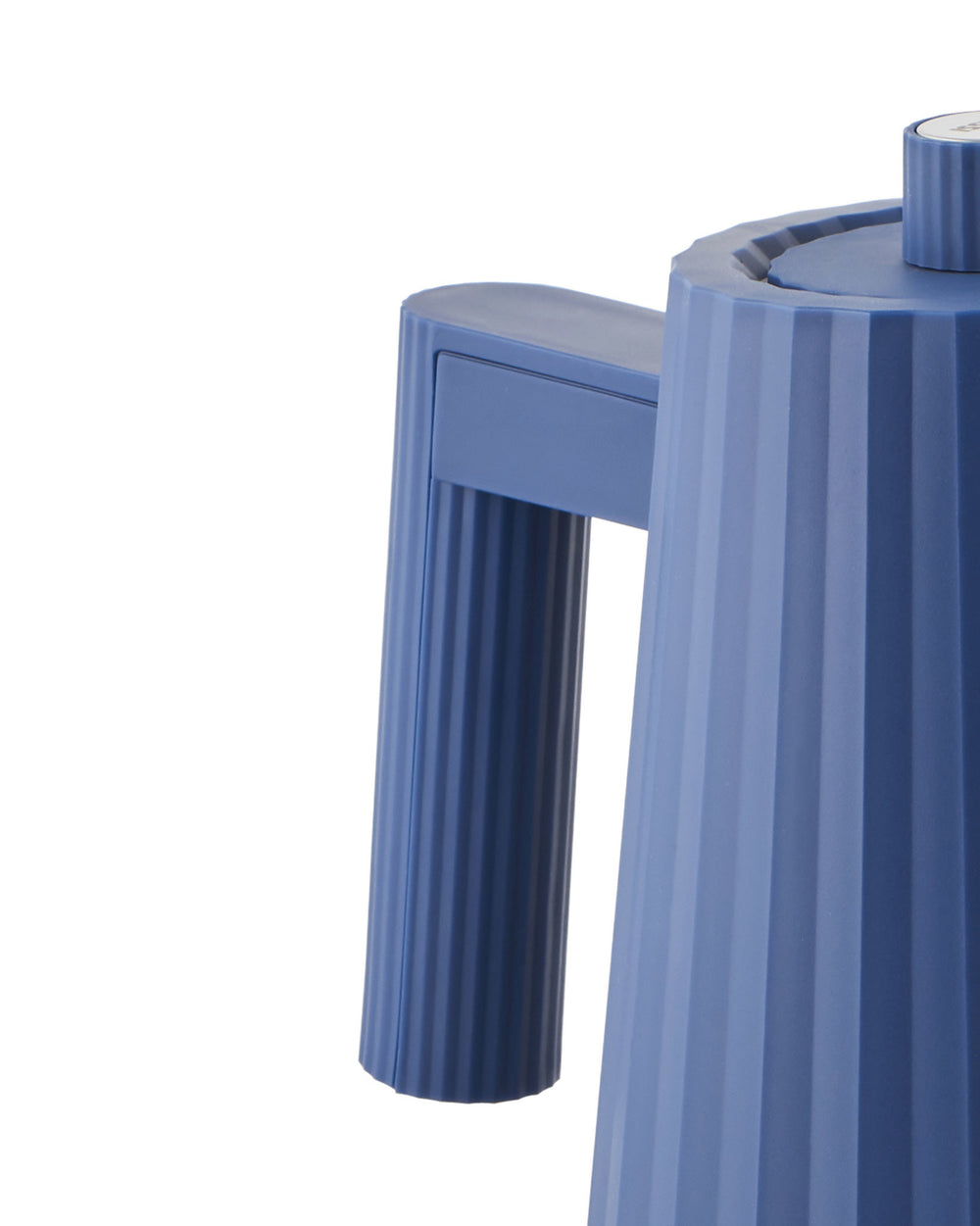 Blue pleated electric kettle by Alessi with vertical pleated texture on handle and body, cropped side view.