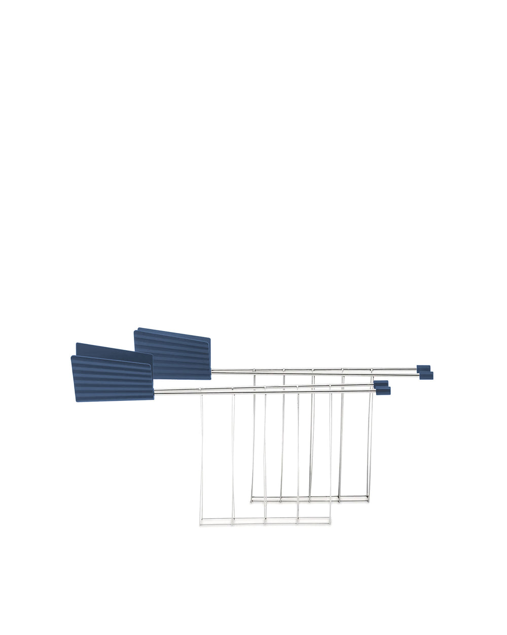 Blue and silver Plissé toaster by Alessi with ribbed panels and a metal rack on a white background.
