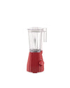 Red pleated blender by Alessi with a clear ribbed jug and control knob.