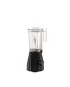 Black blender with a clear jug by Alessi, featuring a pleated base and a front control knob.