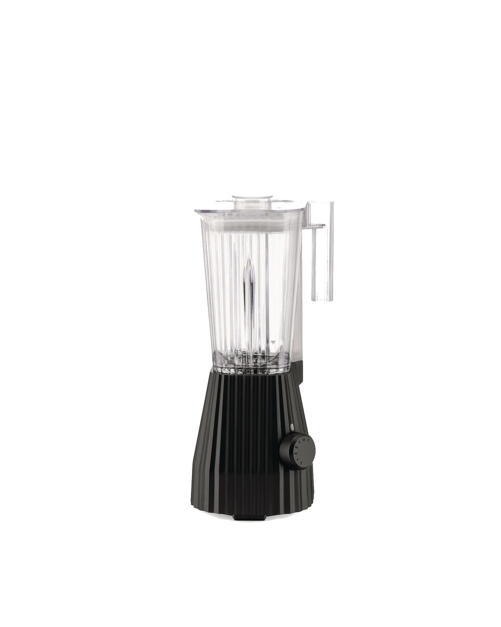 Black blender with a clear jug by Alessi, featuring a pleated base and a front control knob.