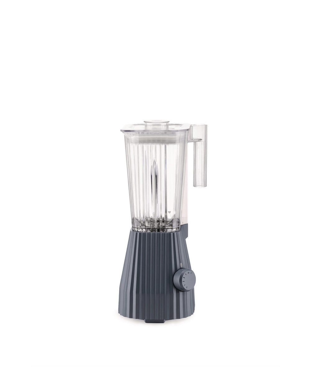 Dark grey pleated blender by Alessi with a clear ribbed jug, lid, and handle.