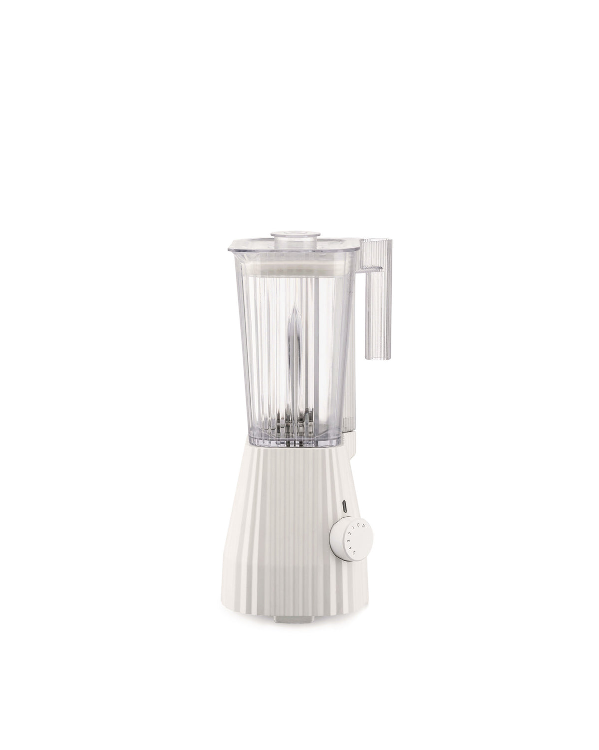 White ribbed blender by Alessi with a clear pitcher and a black control dial.