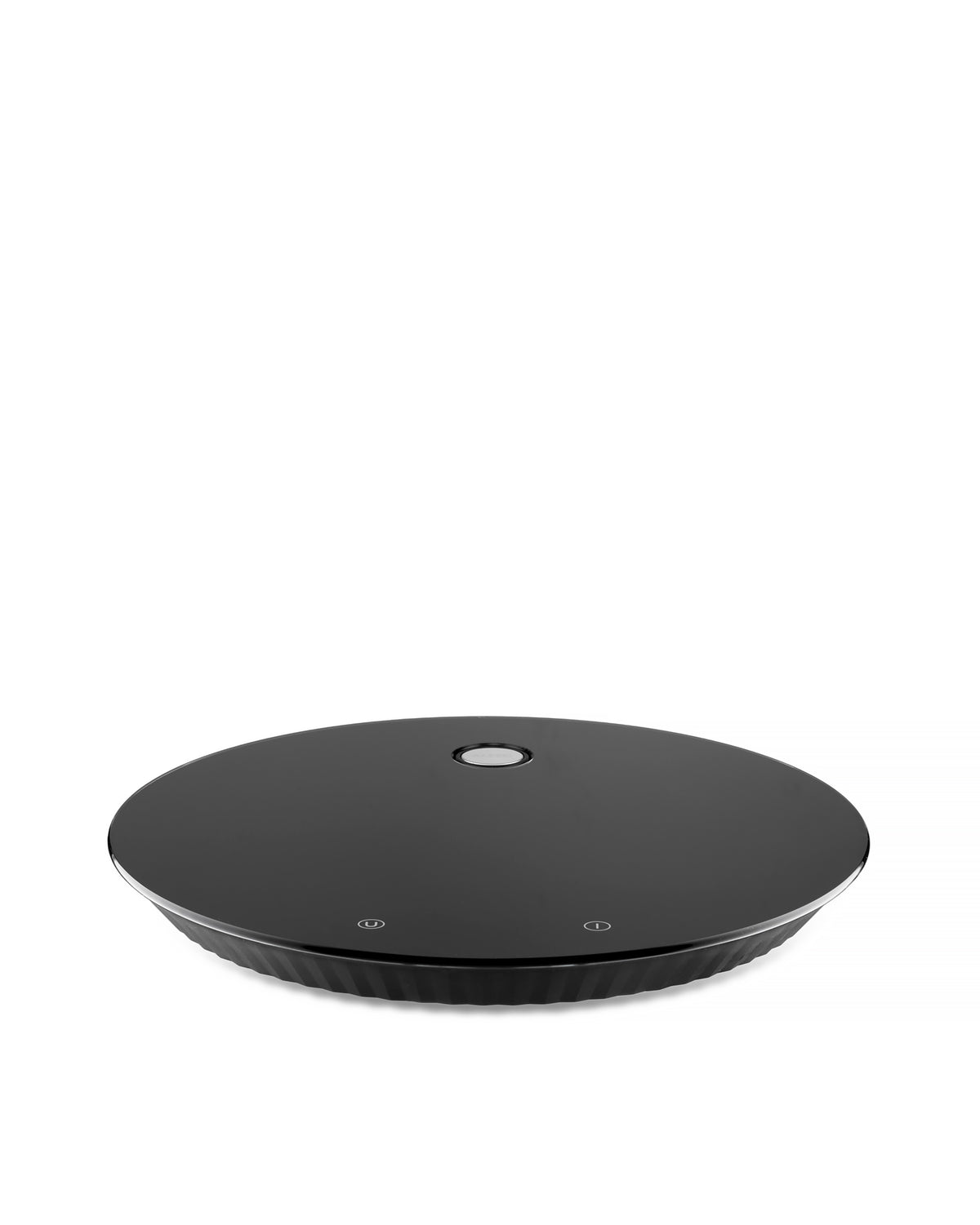 Black round kitchen scales by Alessi with a sleek glass surface, a central button, and two touch symbols.