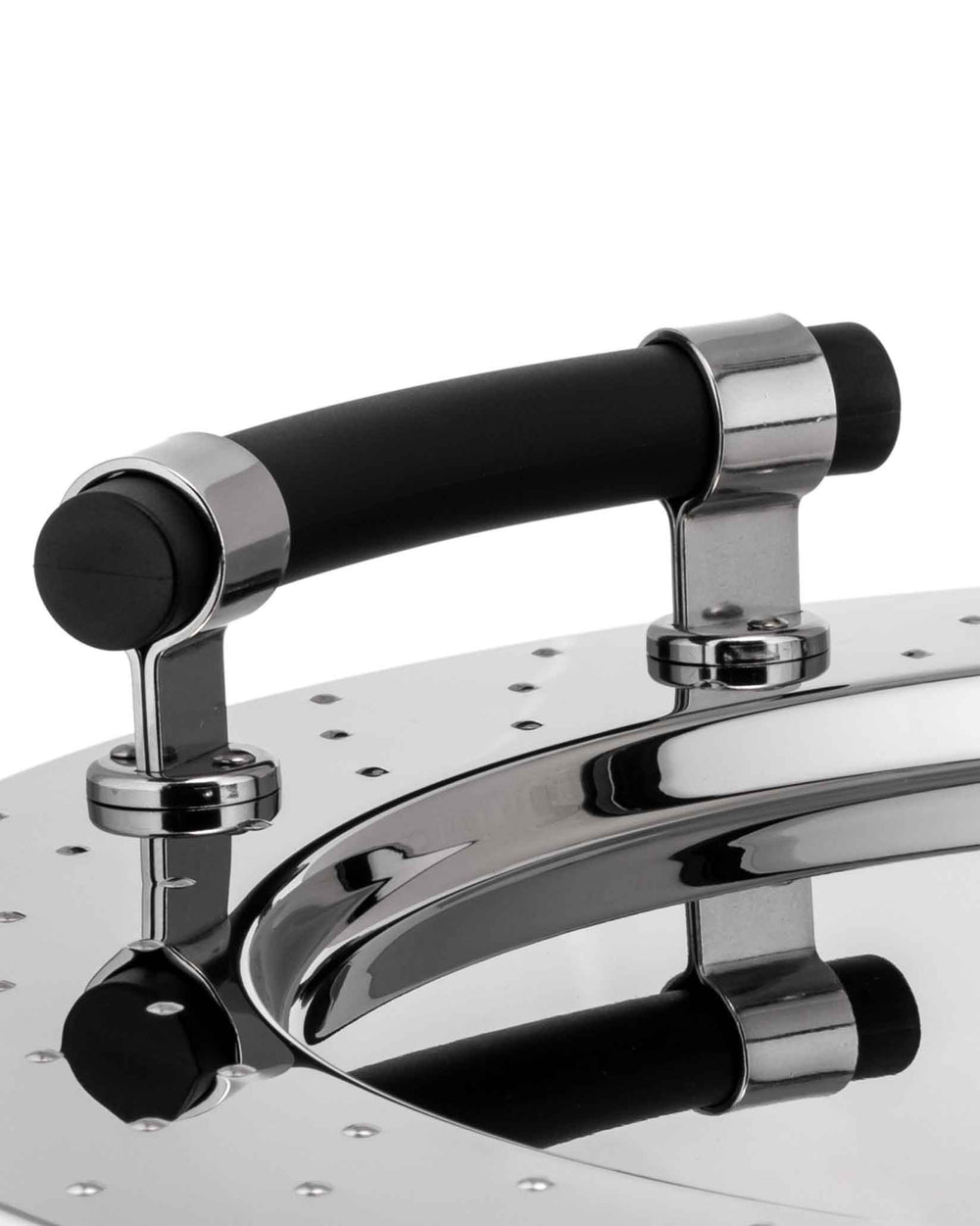 Stainless steel pot lid by Alessi with a black rubber handle and small oval perforations.