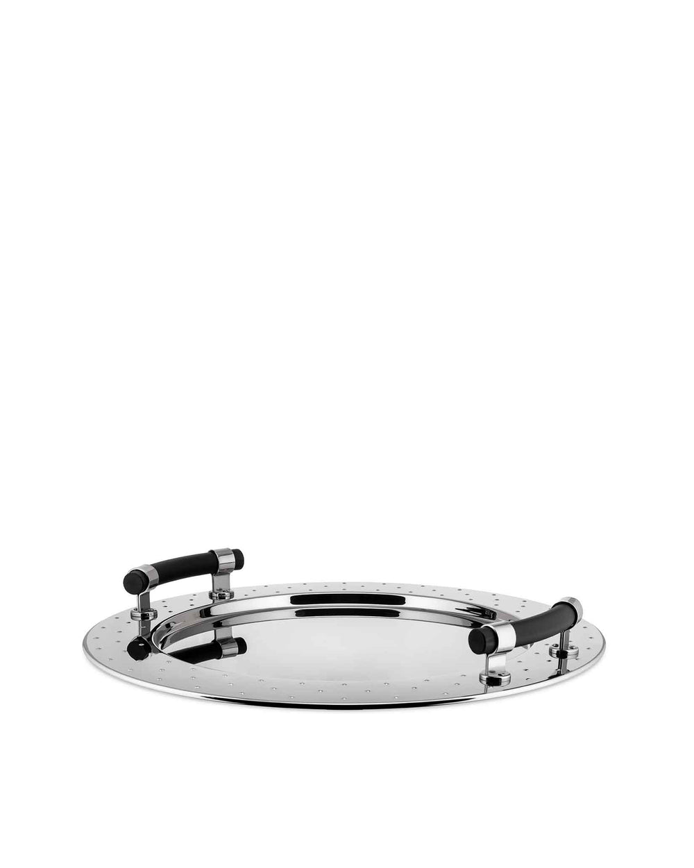 Shiny stainless steel oval tray by Alessi featuring black handles and a distinctive perforated rim.