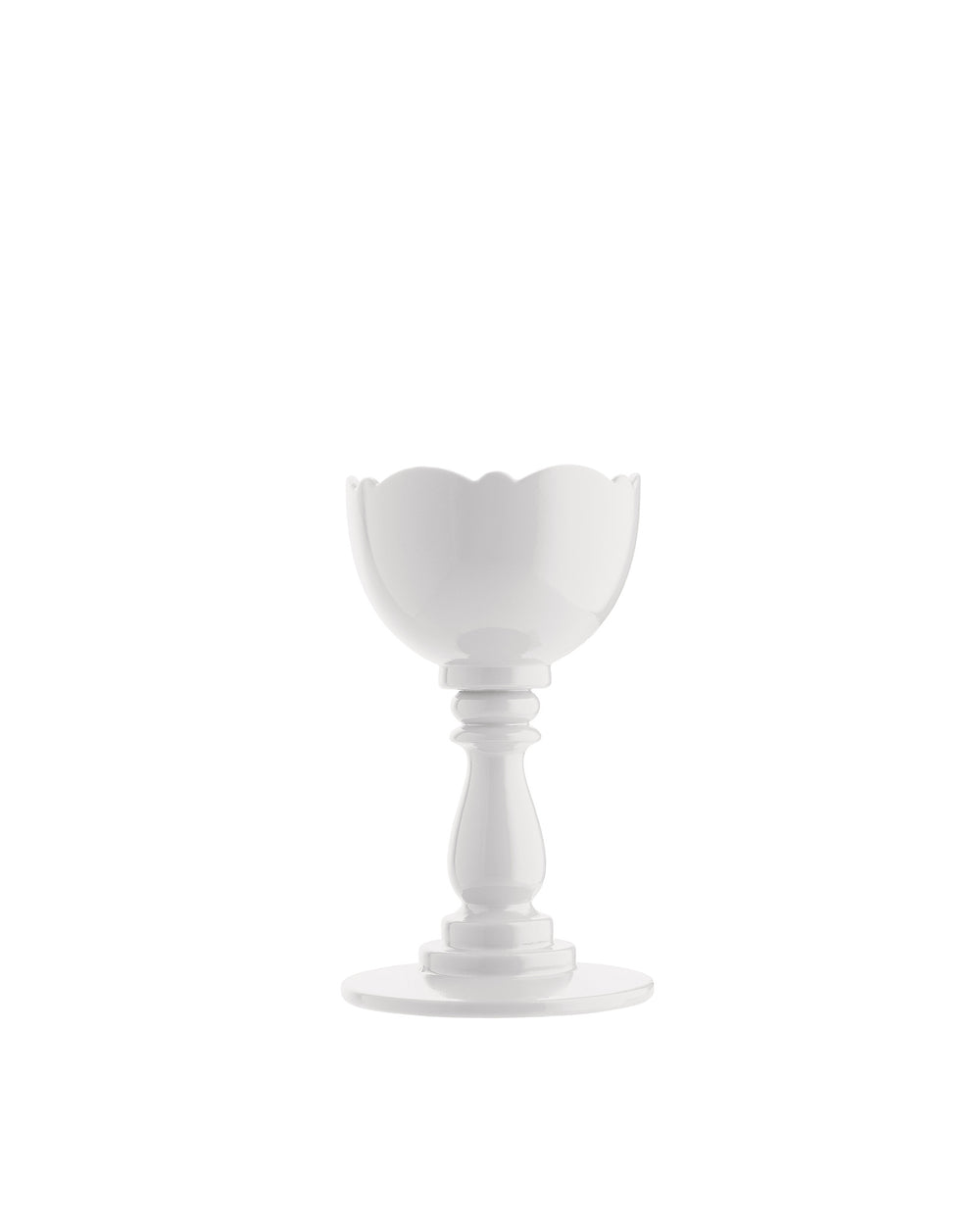 White egg cup by Alessi with a scalloped rim and elegant pedestal base, front view.