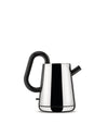 Polished chrome electric kettle by Alessi with a curved black handle and short spout.