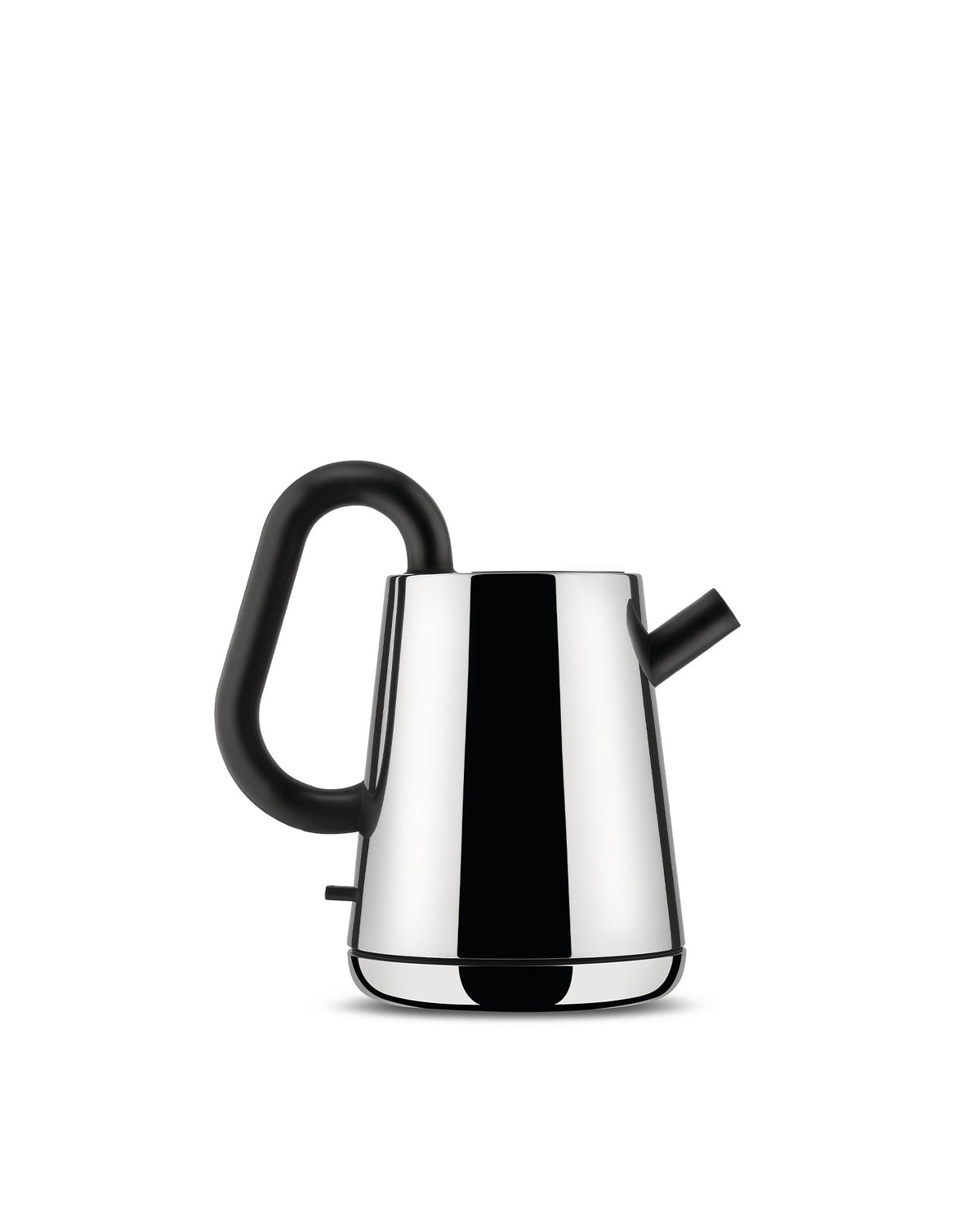 Polished chrome electric kettle by Alessi with a curved black handle and short spout.