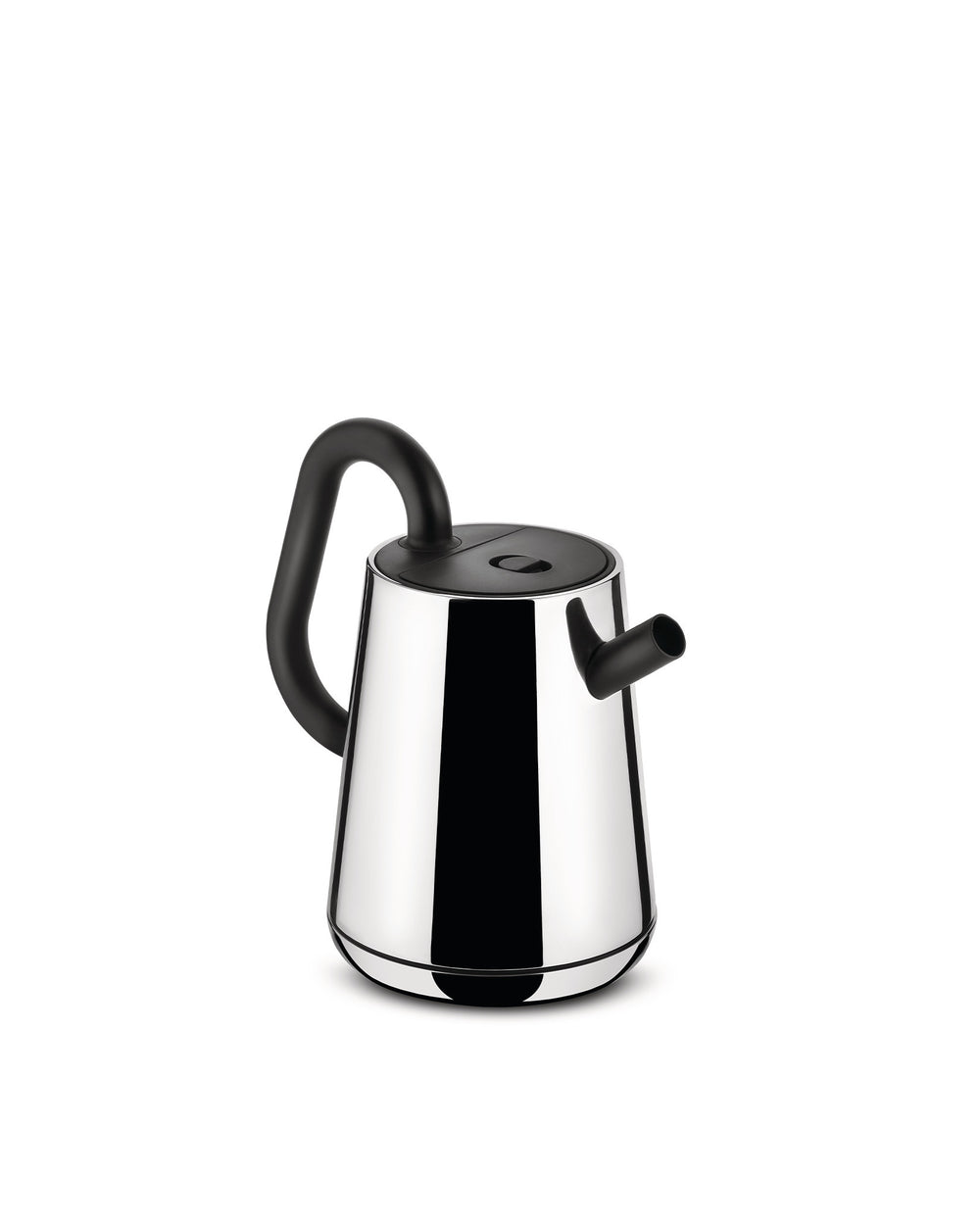 Silver and black electric kettle by Alessi with a curved handle and short spout on a white background.