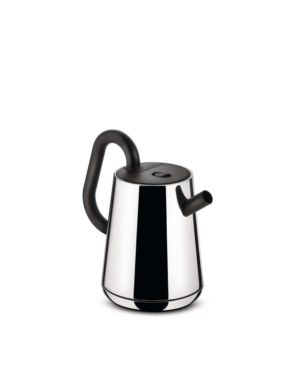 Silver and black electric kettle by Alessi with a curved handle and short spout on a white background.