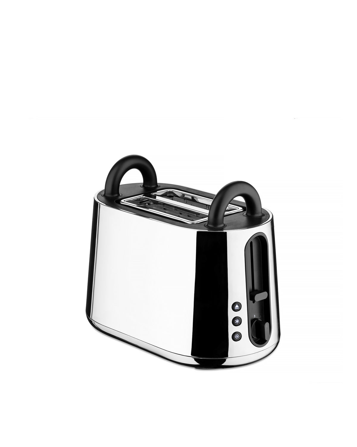 Polished chrome two-slice toaster by Alessi with black top handles and a side control panel.