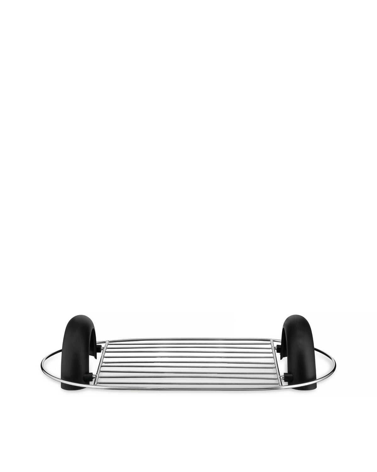 Chrome-plated metal toaster warming rack by Alessi, with black arched handles and horizontal grates.