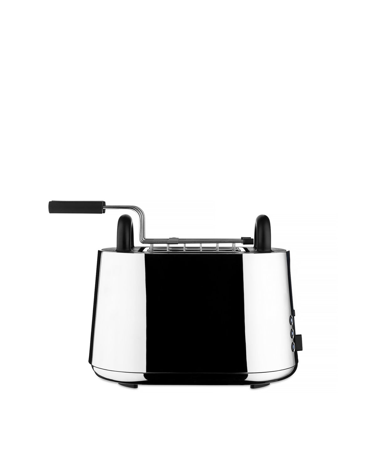 Sleek chrome toaster by Alessi featuring black handles, control buttons, and a top warming rack.