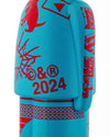 Turquoise human-shaped corkscrew by Alessi, detailed with red stylized creature, distressed graphics, '© & ® 2024' text, and polka dots.