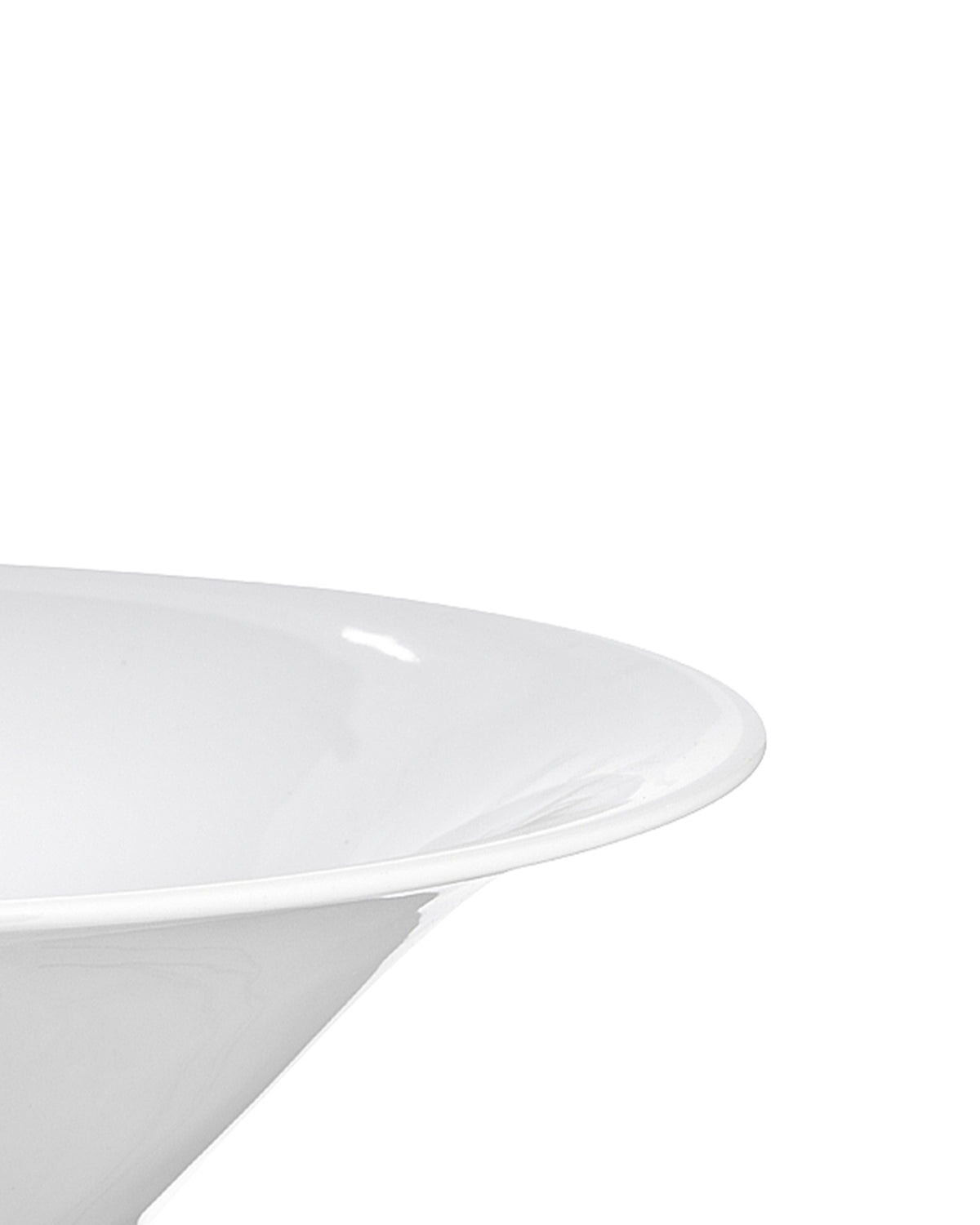 White ceramic salad serving bowl by Alessi with a wide, glossy rim, cropped view.