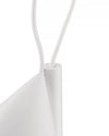 White Tsumiki lamp by Alessi with braided cords entering cylindrical and conical elements, close-up.