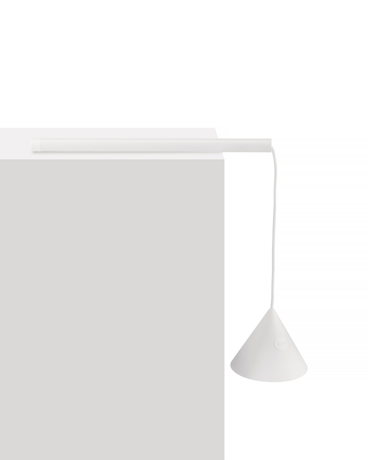 White conical pendant lamp by Alessi, hanging from a cylindrical white bar, side view.