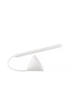 White lamp by Alessi featuring a long horizontal light tube, a triangular base with logo, and a braided cable.