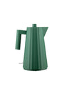Green ribbed electric kettle by Alessi with vertical pleated design on a white background.