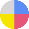Circular graphic divided into four equal quadrants: gray top-left, blue top-right, yellow bottom-left, pink bottom-right.