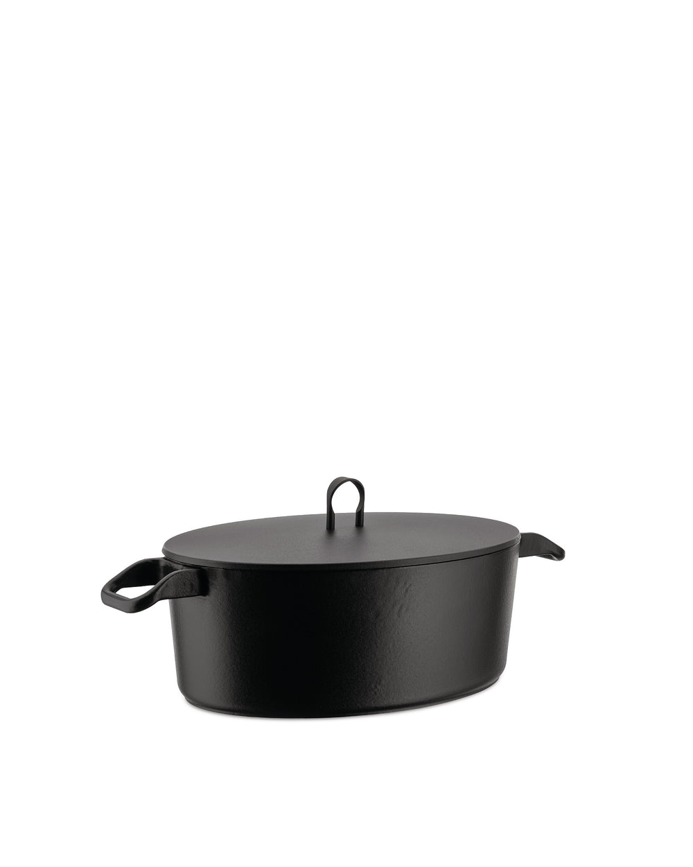 Black oval casserole by Alessi with a matte finish and loop lid handle.