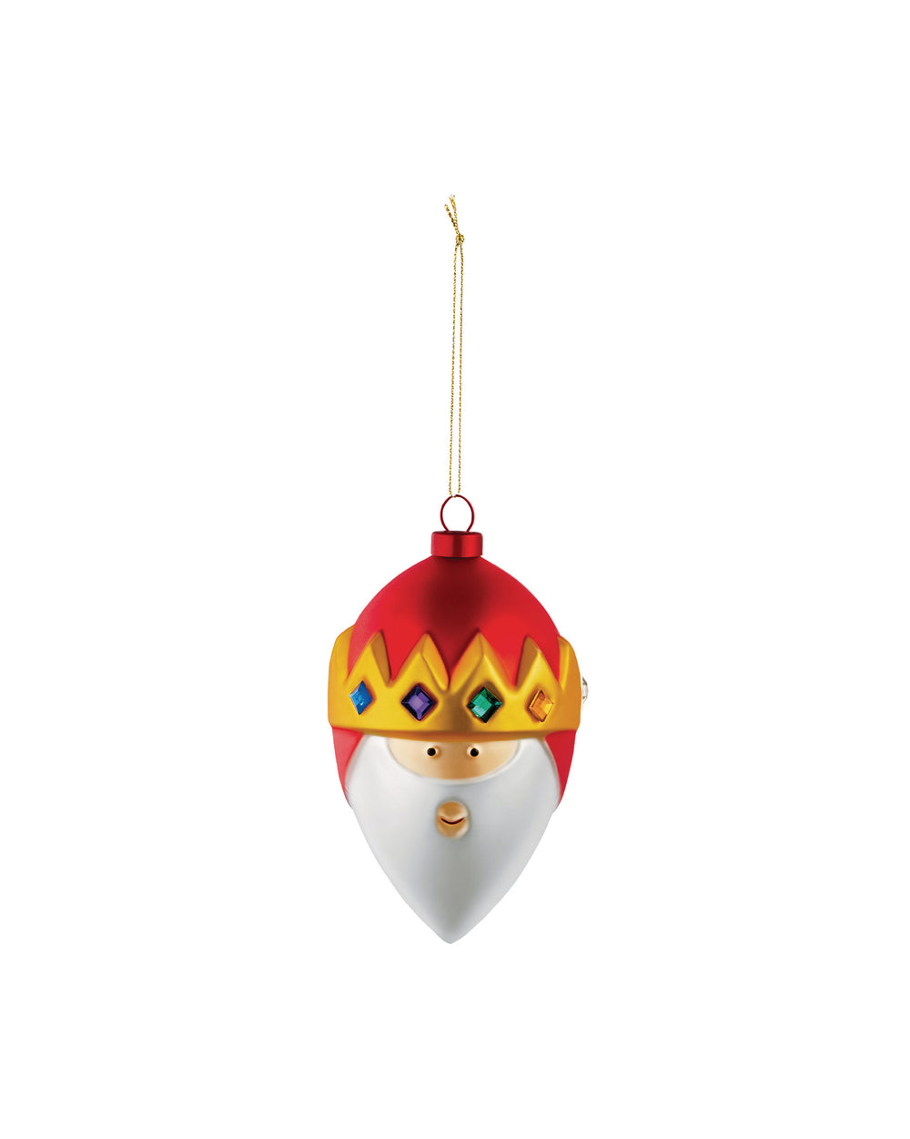 Red and gold ornament by Alessi, a crowned figure with a white beard and colorful jewels.