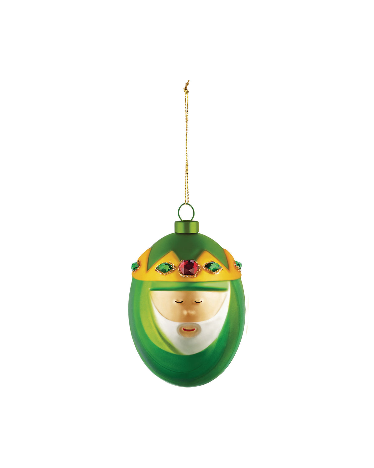 Green and gold Wise Man ornament by Alessi, wearing a crown with red and green gems and a white beard.