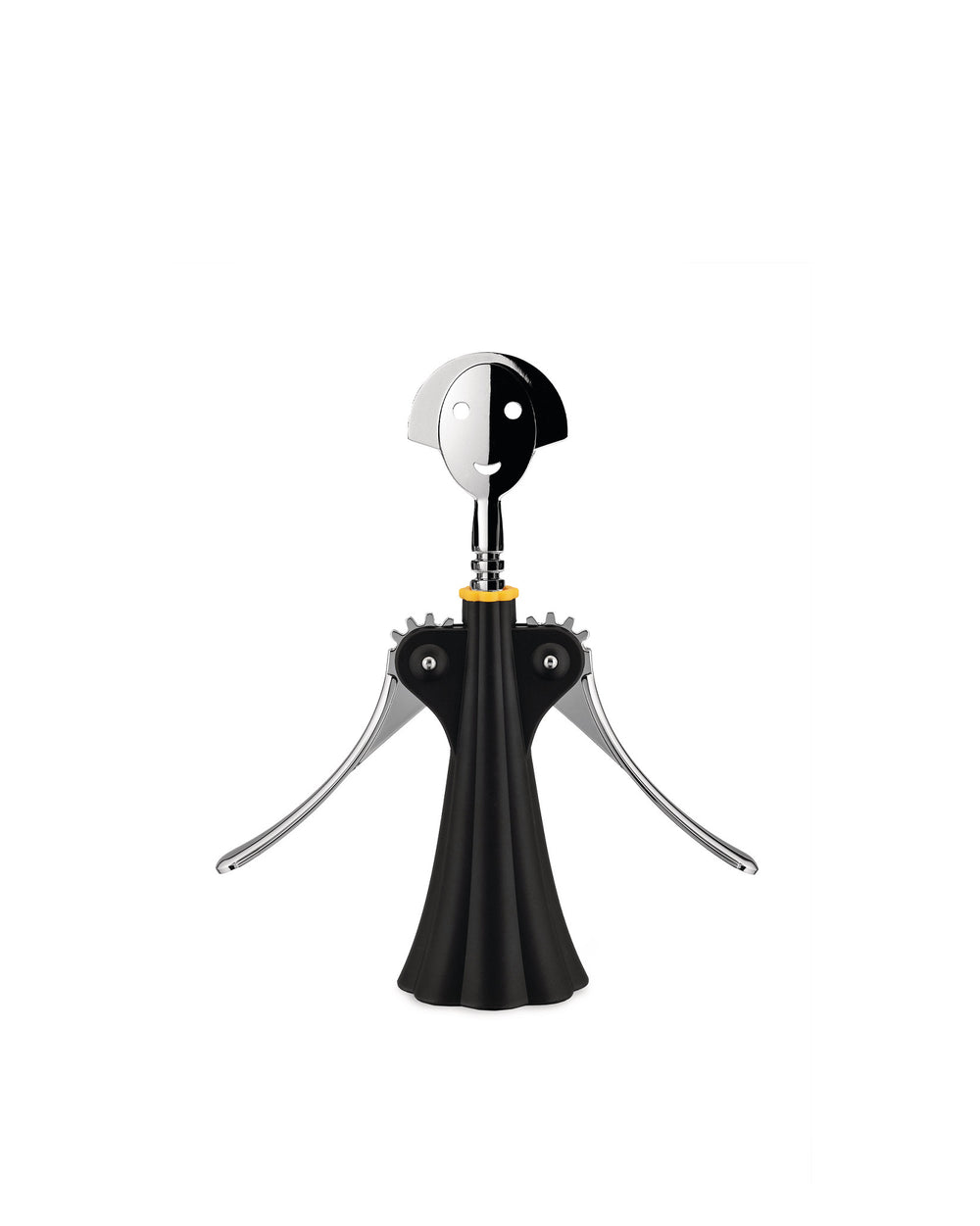 Black and chrome-plated corkscrew by Alessi with a smiling figural head and skirted base, on white.